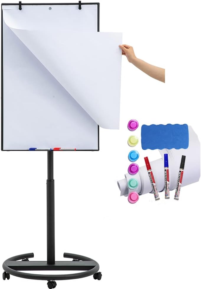 DexBoard Black Mobile Whiteboard on Wheels, 36 x 24 Inch - Rolling Magnetic Dry Erase Easel Board with Flipchart Paper Pad (25 Sheets) - Height Adjustable Standing Board for Modern Office & Studio - Image 1